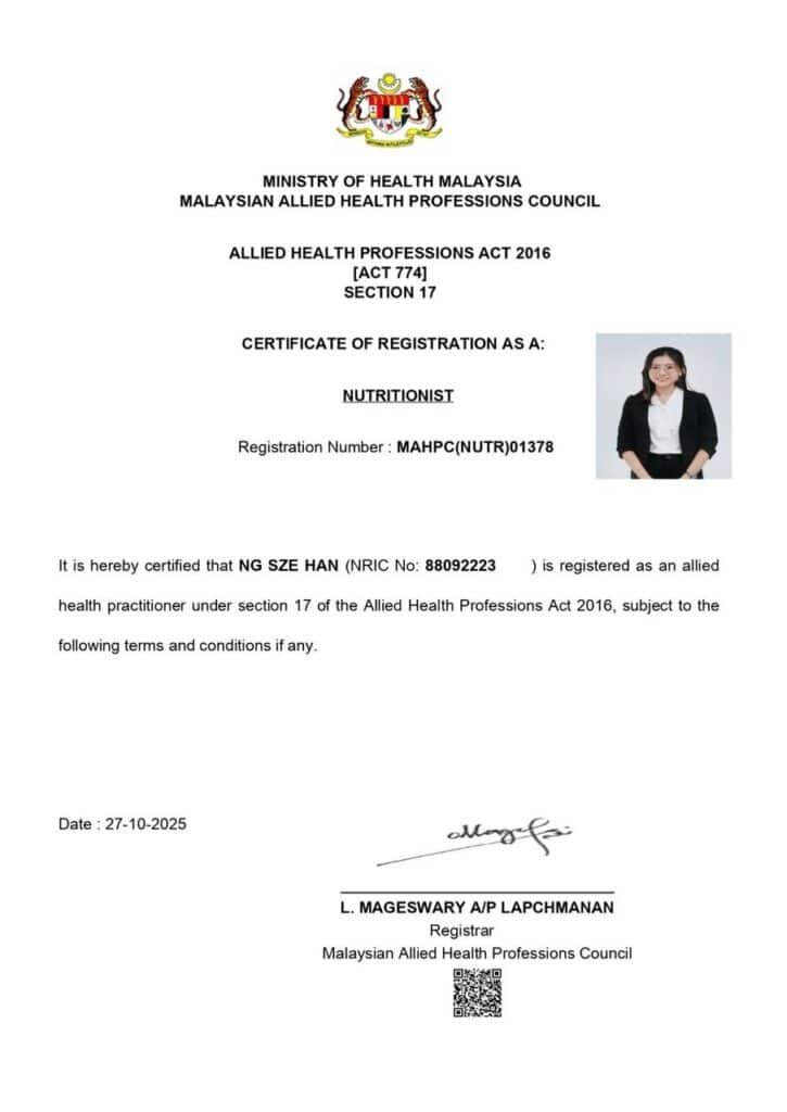 Nutritionist-Registration-MAHPC-1-725x1024 深度透视 Dr Julie Ng 执照认证的行业价值