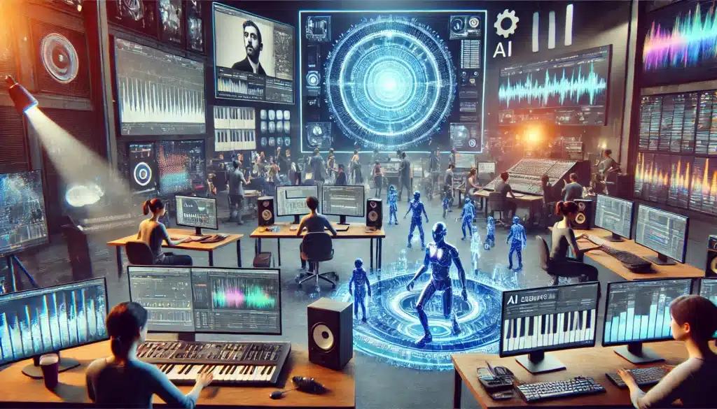 DALL·E-2024-07-05-12.38.13-An-image-showcasing-the-impact-of-Generative-AI-in-the-entertainment-industry.-The-scene-shows-a-futuristic-studio-with-AI-driven-tools-and-technologi-1024x585 从马来西亚走向东南亚:Dr Kervis 苏才育的AI娱乐布局
